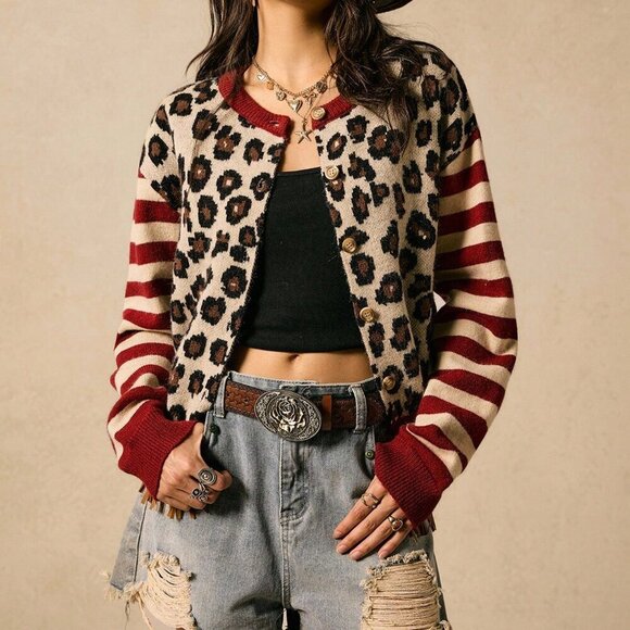 leopard & striped Casual Women's knit sweater cardigan - Picture 7 of 7